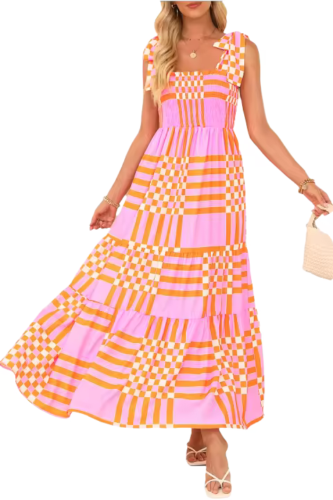 Elrachen Vestido largo de mujer Boho Gingham con tirantes atados, rosa, tallas S-2XL - 1