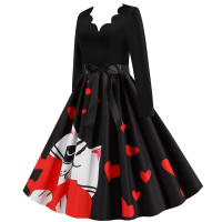 Women plaid print long sleeve vintage a line party dress v neck - details 102