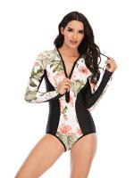 Traje de baño de una pieza con estampado floral de manga larga, traje de buceo y surf de corte alto con cremallera y estampado - details 4