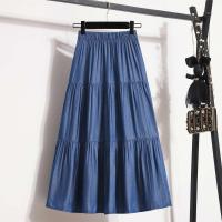Falda de camping entrelazada midi vaquera para mujer, cintura elástica, azul, informal, retro, ropa diaria, verano - details 3