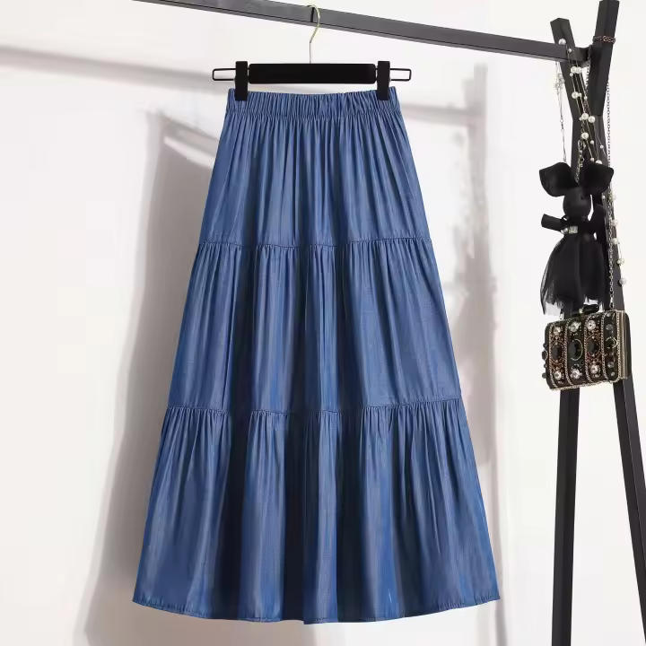 Falda de camping entrelazada midi vaquera para mujer, cintura elástica, azul, informal, retro, ropa diaria, verano - 1