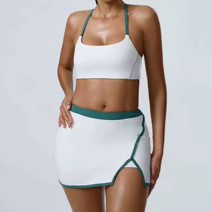 Conjunto de dos piezas de sujetador y pantalones cortos de entrenamiento de yoga, conjunto deportivo de mujer Fiess yoga Tre elástico de retales - 1