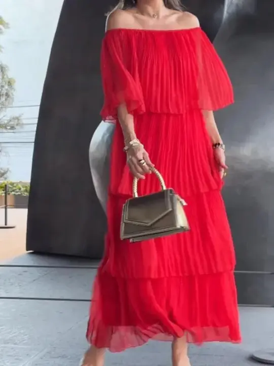 2025 nuevas mujeres elegantes y de moda vendedoras calientes con vestido de pastel con borde de volantes y hombros descubiertos - 1