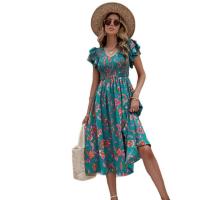 Vestido de cintura con estampado de moda europea y americana, cuello en V y manga corta para mujer, primavera verano 2025 - details 0