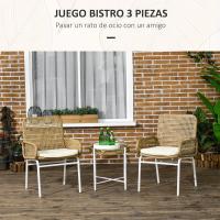 Juego de jardín de 3 piezas, sillas y mesa de ratán con 2 sillas, 1 mesa de centro y cojines para terraza o patio, natural. - details 2