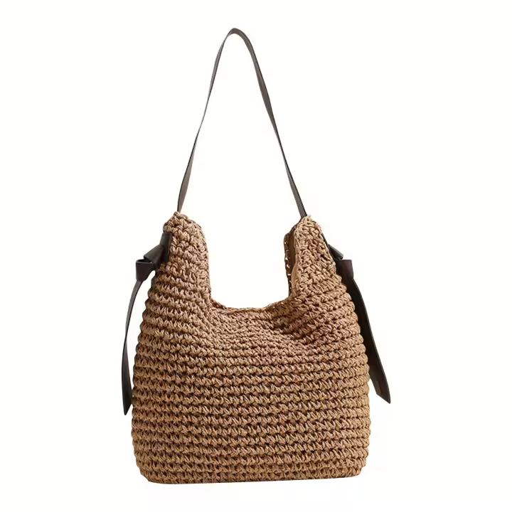 Bolso de hombro tejido de paja de gran capacidad para mujer - Material de papel duradero con cierre magnético, forro de poliéster y asas resistentes para playa, viajes, compras - Blanco - 1