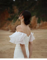 Vestido ligero con tirantes y mangas de hoja de loto blanco, minimalista, estilo francés, cola de pez de satén elástico de alta gama para boda nupcial - details 1
