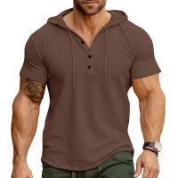 Camiseta de manga corta con capucha para hombre, ropa deportiva informal de color sólido con cuello Henry, primavera y verano - details 0