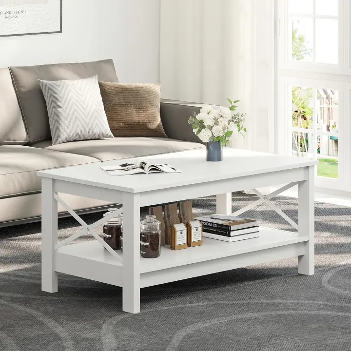 YITAHOME Mesa Auxiliar, pequeña Mesa de Centro de Madera de 2 Niveles con Estante de Almacenamiento, 100 x 55,3 x 45 cm, Mesas de Centro para Sala de Estar, Super Estabilidad, Centro de cóctel de - 1