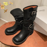 Botas de vaquero occidentales de cuero suave europeo y americano, botas de pila con hebilla de cinturón, botas medias, botas de caballero femenino, botas martin, botas femeninas - details 30