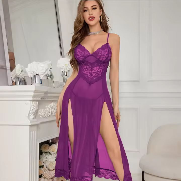 Sexy mujer de encaje de malla vestido largo abierto vestido casero sexy set - 1