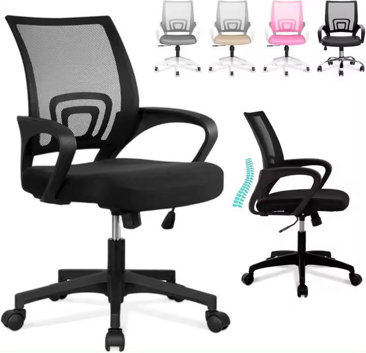 Silla de Escritorio Ergonómica Oficina con Soporte Lumbar, Estructura de Plástico, Transpirable, Ruedas Giratorias 360° Soporta hasta 120kg - 1
