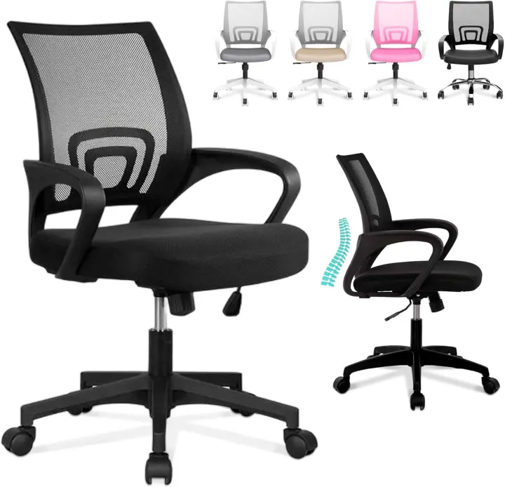 Silla de Escritorio Ergonómica Oficina con Soporte Lumbar, Estructura de Plástico, Transpirable, Ruedas Giratorias 360° Soporta hasta 120kg - 1