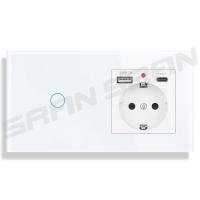 SRAN-nuevo interruptor táctil de 1 banda, interruptor de luz de 1 vía con enchufes de pared de la ue, toma de corriente USB tipo c, Panel de vidrio blanco - details 1