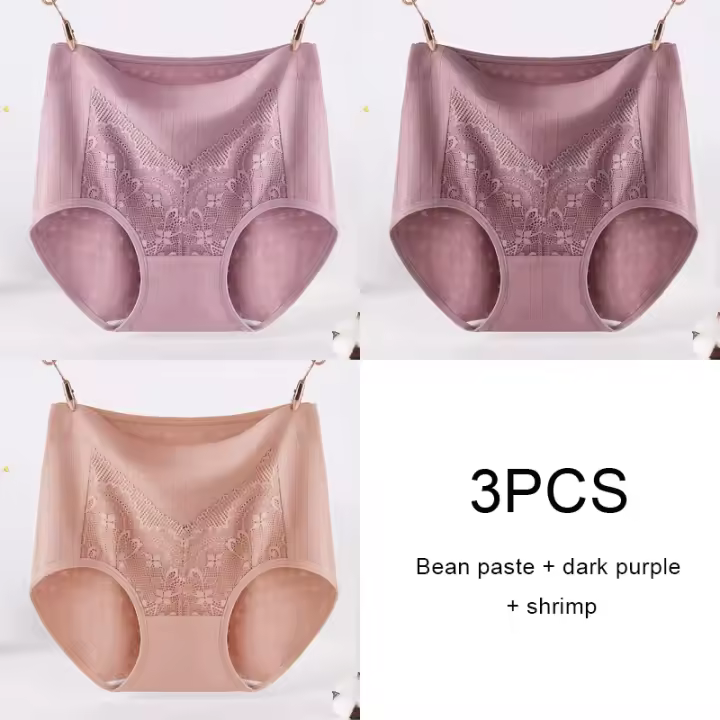 Bragas de encaje de algodón de cintura alta para mujer, lencería sin costuras de talla grande, ropa interior Sexy Triangular, 3 piezas - 1