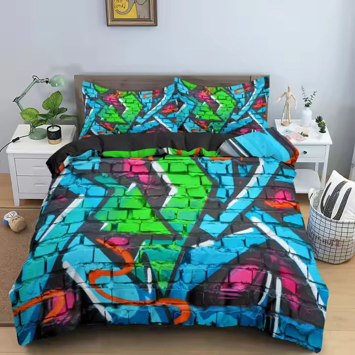 Juego de Ropa de Cama de Dibujos Animados de Graffiti Funda de Edredón, Funda de Almohada, Cubierta de Colchón para Niños, Mujeres, Adultos Tamaño Cama Media, Tamaño Rey, Tamaño Twin - 1
