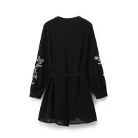 Vestido casual de otoño negro con botones frontales vintage para mujer, cinturón, bordado floral, manga corta/larga y cuello en V. - details 1