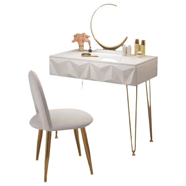 Tocador de Maquillaje con Espejo y Luz LED Iluminación Ajustable Conjunto de Mesa Tocador con Silla Terciopelo Blanco + Dorado - 1