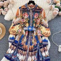 Minivestido playero de verano para mujer, Vestido holgado de gasa con mangas largas acampanadas y cinturón con estampado Vintage, con cordones, 6259 - details 23