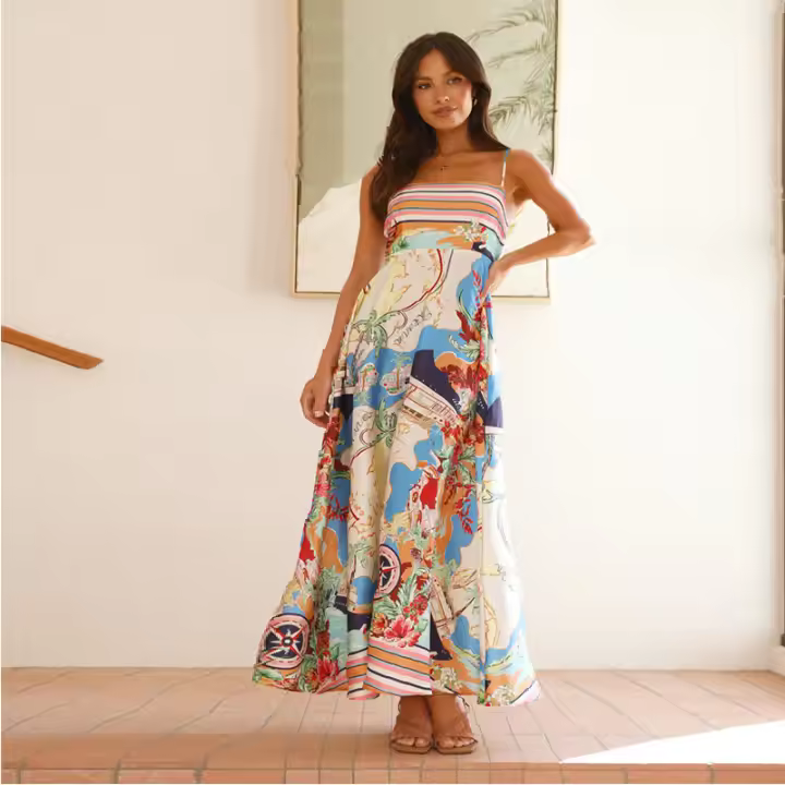 2025 Primavera/Verano nuevo vestido de tirantes de estilo festivo colorido estampado de cintura alta para mujer - 1