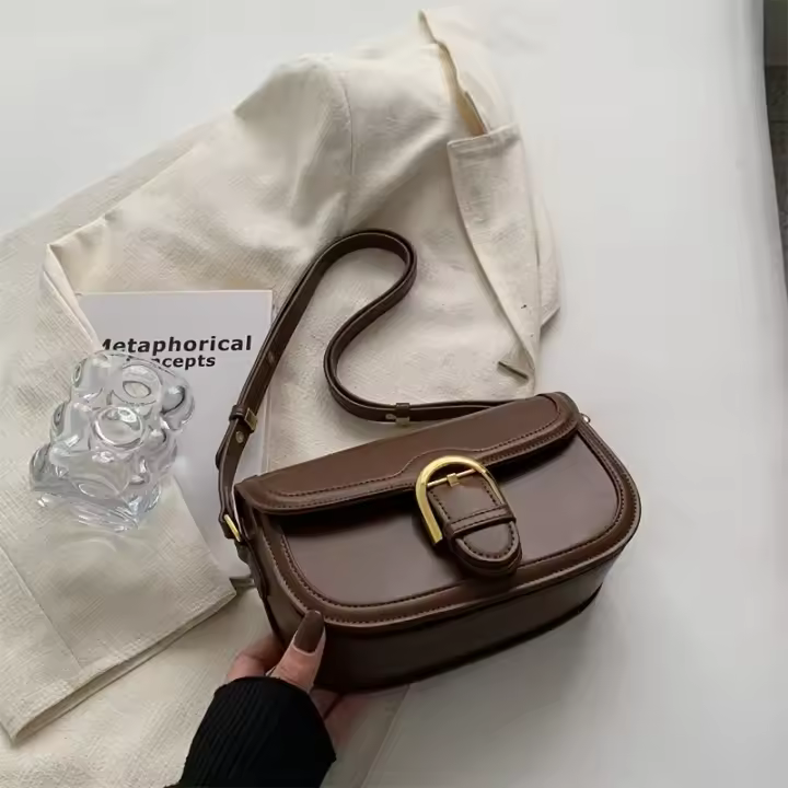 Bolso bandolera elegante de inspiración francesa para mujer: negro elegante, cierre de hebilla, forro de poliéster, accesorio de moda para hombro y axila, lindo bolso de hombro - 1