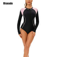 Traje de baño de color degradado de manga larga para mujer, protección UV, cremallera frontal, traje de baño de una pieza, ropa de playa - details 3