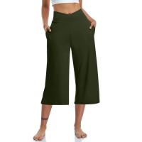 2024 primavera y verano mujeres elástico cintura alta 3/4 pantalón sólido Casual ajuste activo pantalones de pierna Capris anchos pantalones con bolsillos - details 3