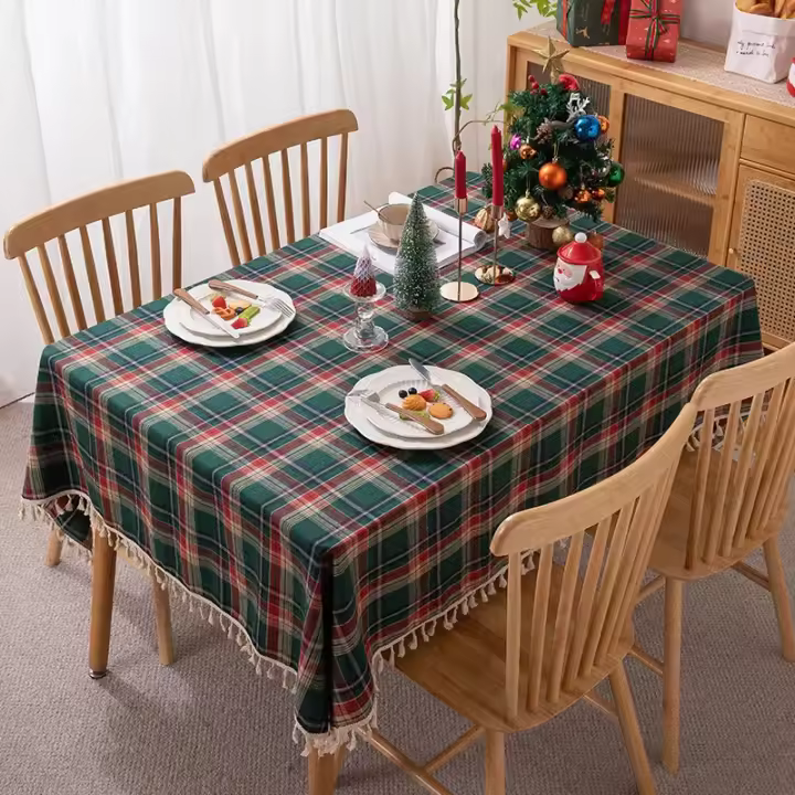 Mantel de Mesa de Cuadros a Cuadros con Borla Cubierta de Mesa sin Arrugas Lavable para Navidad, Fiestas y Año Nuevo - 1