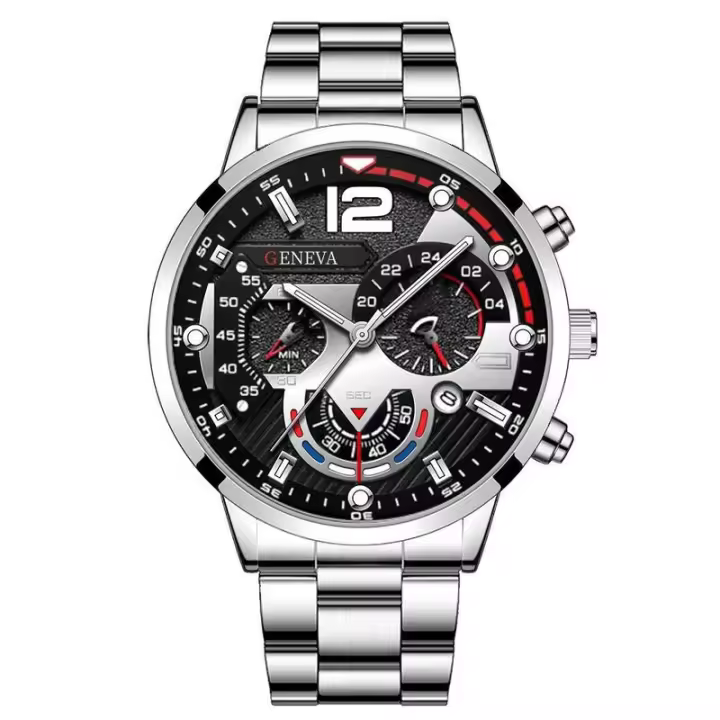 Moda masculina de acero inoxidable con calendario estilo puntero de reloj - 1