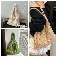 Bolso de hombro dulce bolso de mano de ganchillo con dije de flor, bolso tejido con hilo de flores transpirable, bolso tejido de gran capacidad de color caqui para playa - details 1