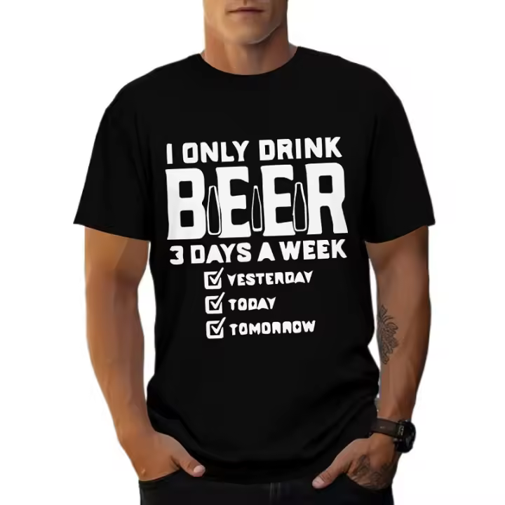 Camiseta de Crew con Estampado de Cerveza de Verano 100% Algodón, Ajuste Regular, Ligeramente Elástico, Top de Declaración al Aire Libre - 1