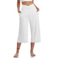 2024 primavera y verano mujeres elástico cintura alta 3/4 pantalón sólido Casual ajuste activo pantalones de pierna Capris anchos pantalones con bolsillos - details 5