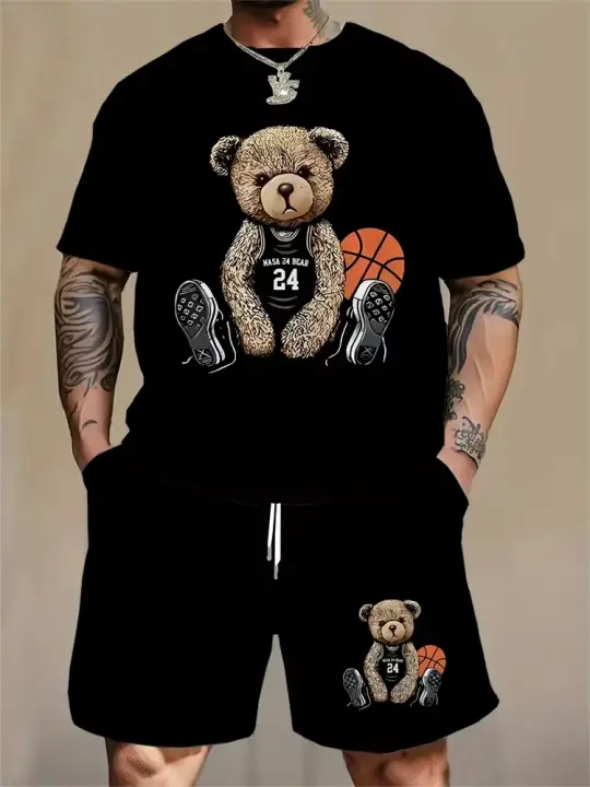 Conjunto informal de verano para hombre, pantalones cortos de playa para deportes al aire libre, moda urbana, estampado de oso, camiseta de manga corta ligera, 2025 - 1