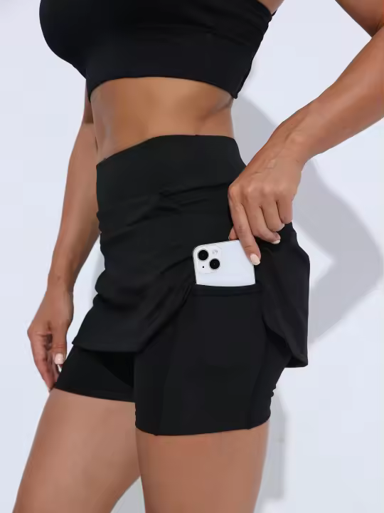Falda pantalón deportiva de cintura alta con bolsillos, falda pantalón cruzada elástica para mujer, color liso, suave y cómoda ropa deportiva para mujer - 1