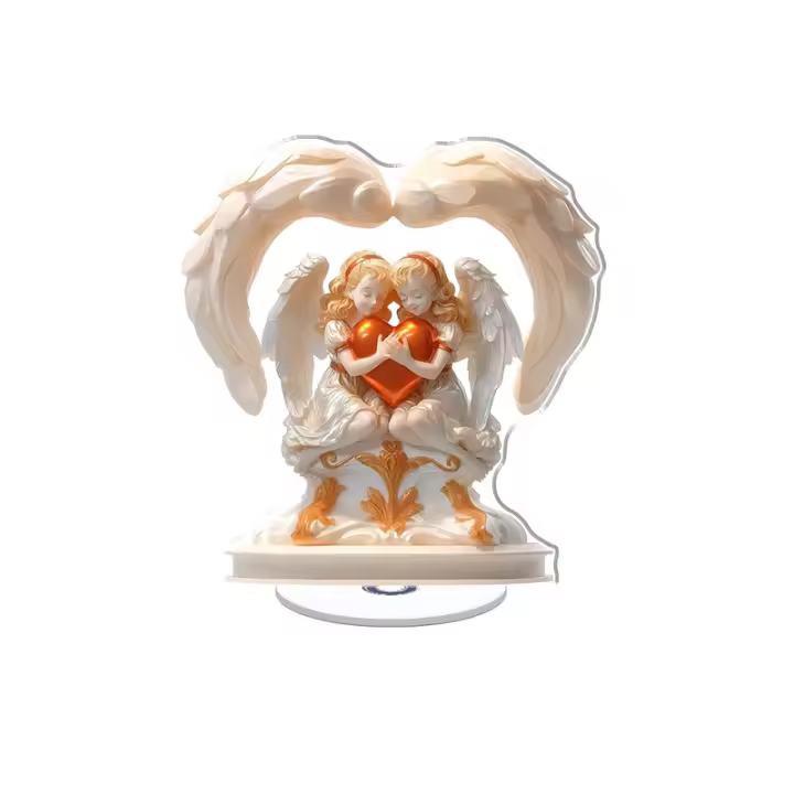La pantalla acrílica giratoria presenta dos ángeles con un corazón en un esquema de color naranja y dorado sobre un fondo blanco. - 1