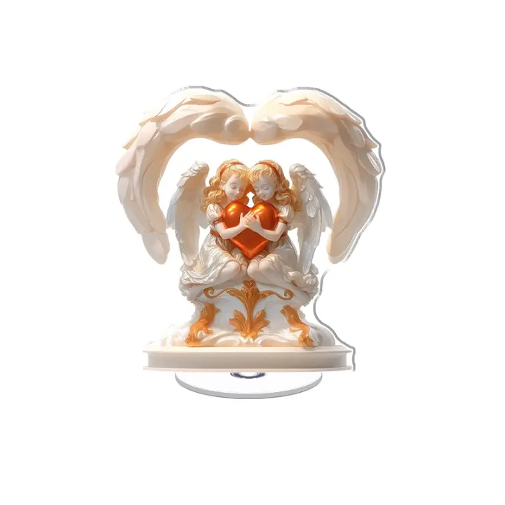La pantalla acrílica giratoria presenta dos ángeles con un corazón en un esquema de color naranja y dorado sobre un fondo blanco. - 1