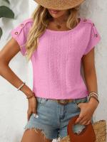 Camiseta de manga corta con botones y cuello redondo para mujer, Top hueco, Color sólido, novedad de primavera y verano 2025 - details 11