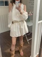 Blusa de verano a cuadros extragrande 2024 para niñas, traje de mujer, camisa de manga larga, pantalones de pierna ancha de cintura alta, trajes de dos piezas con pantalones cortos - details 37