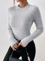 Top de punto de manga larga con cuello con volantes, camiseta interior a rayas con cuello medio para mujer, suéter informal de otoño-invierno - details 4