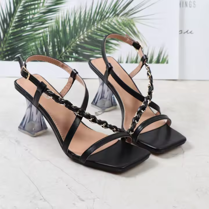 Sandalias de mujer de talla grande, color sólido, estilo trenzado, tacón alto con tiras y punta cuadrada - 1