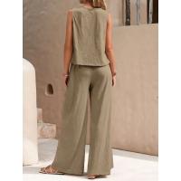 Conjunto de chaleco de cuello redondo y pantalones de pierna ancha para mujer, elegante, de dos piezas, color sólido, 2025 - details 4