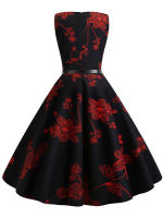 Women  summer vintage elegant floral print party dress with belt - details 7