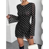 Nuevo vestido elegante de manga larga con espalda descubierta y cuello redondo con estampado de puntos de malla para mujer - details 5