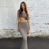 BUNO-Conjunto de 2 piezas de punto para vacaciones para mujer, camisetas sin mangas cortas con cuello oblicuo y faldas largas de cintura alta, trajes a juego de tendencia femenina - details 3