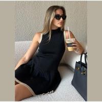 Vestido corto plisado de punto con bordes en contraste para mujer, minivestido elegante de cuello alto sin mangas, ajustado,2024 - details 8