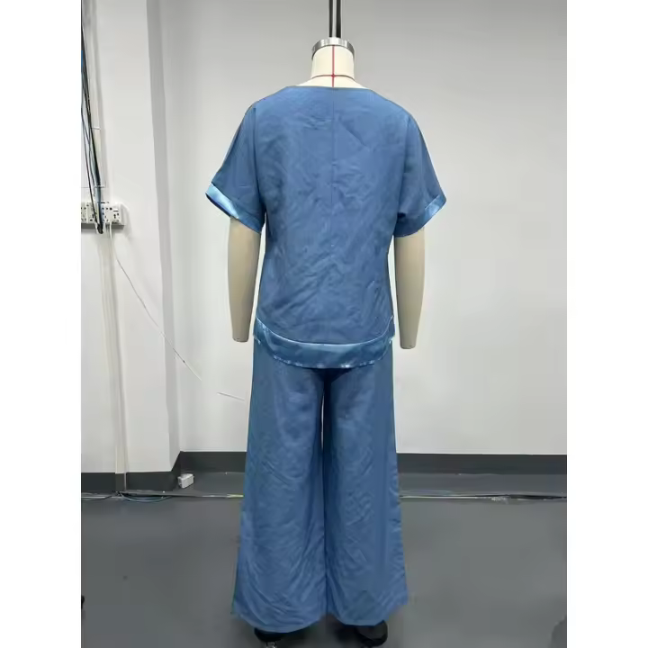 Conjunto de pantalón largo con cuello en V y ribete, informal, de talla grande, para mujer, artículo popular - 1