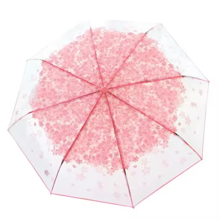 Paraguas coreano lindo mini fresco triple japonés flor de cerezo paraguas transparente, impermeable y resistente al viento - 1