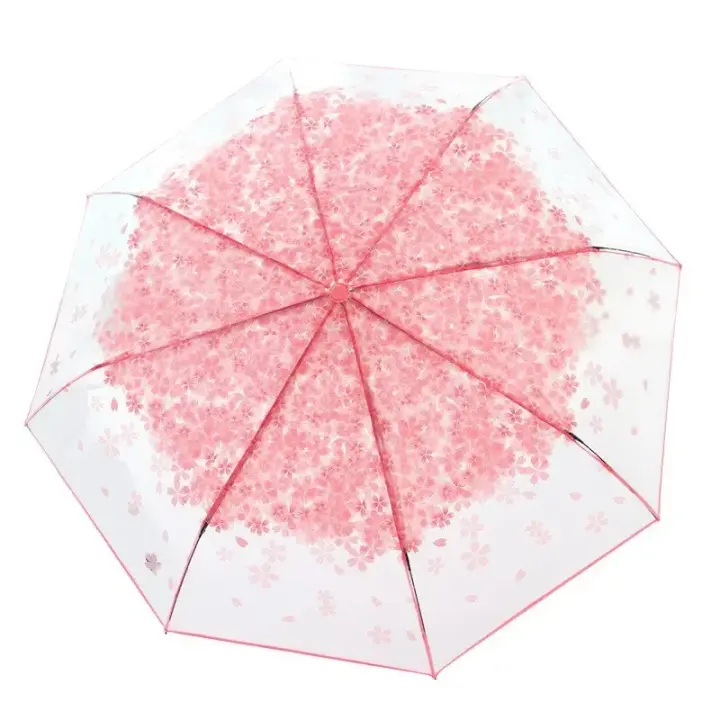 Paraguas coreano lindo mini fresco triple japonés flor de cerezo paraguas transparente, impermeable y resistente al viento - 1