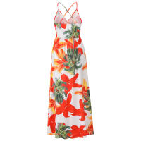 Vestidos largos con cuello en V para mujer, sin mangas, cintura alta, playa, Maxi, estampado rojo S - details 7