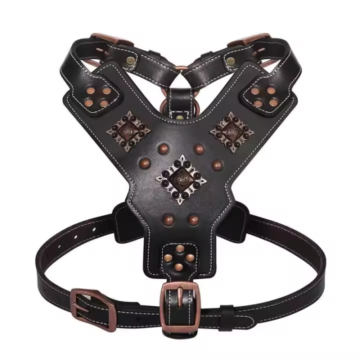 Arnés cuero genuino, arneses duraderos grandes, chaleco entrenamiento mascotas rehados con accesorios de Metal para perros - 1